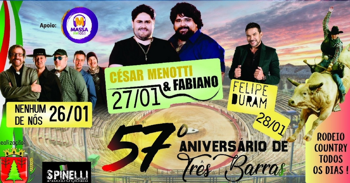 Público terá shows nacionais e rodeio country no aniversário de Três Barras