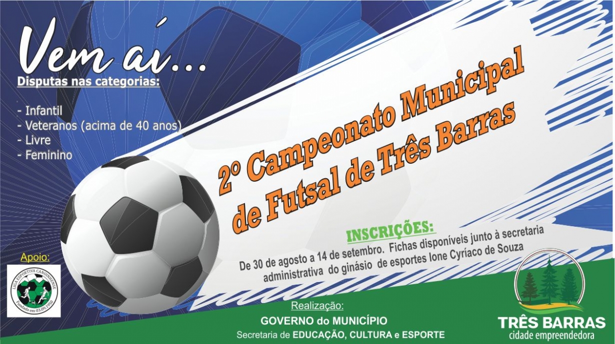 Abertas as inscrições para o Campeonato Municipal de Futsal de Três Barras