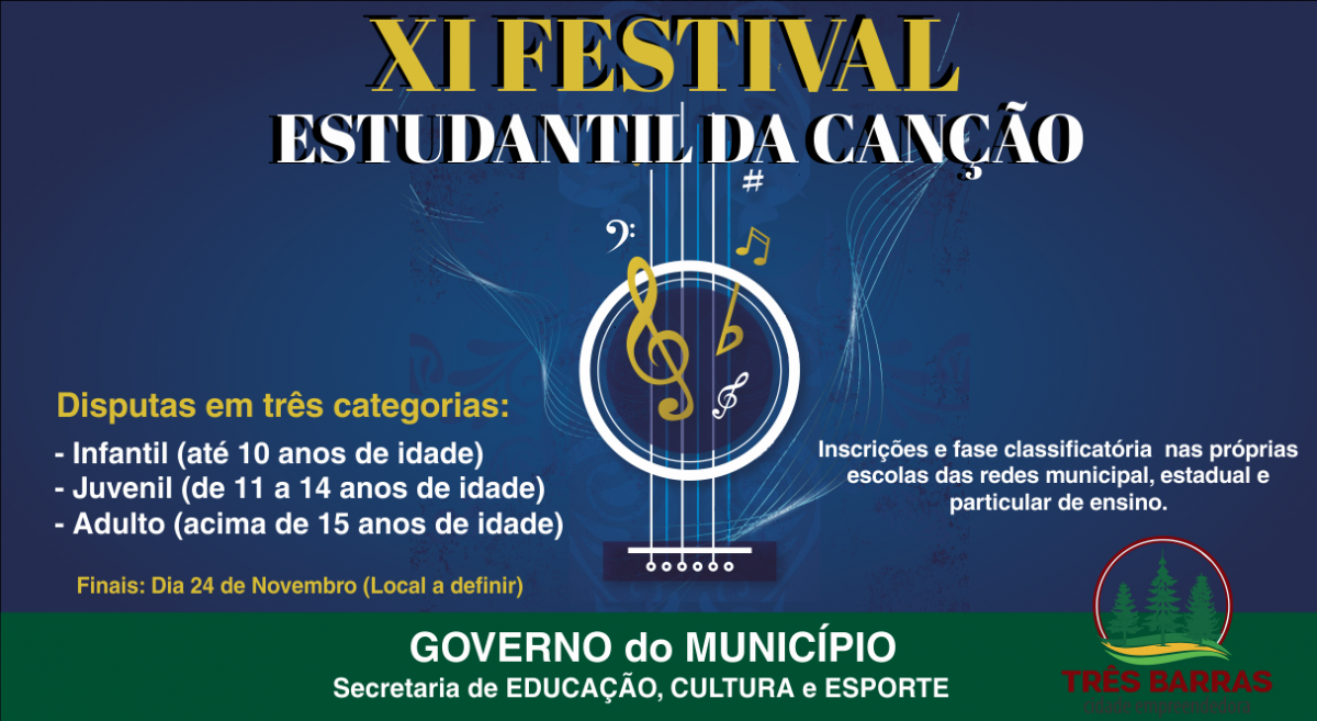 Educação promove o XI Festival Estudantil da Canção de Três Barras; Confira o regulamento