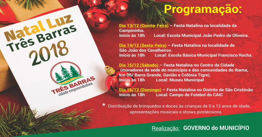 Natal Luz terá a distribuição de presentes a mais de 5,9 mil crianças de Três Barras