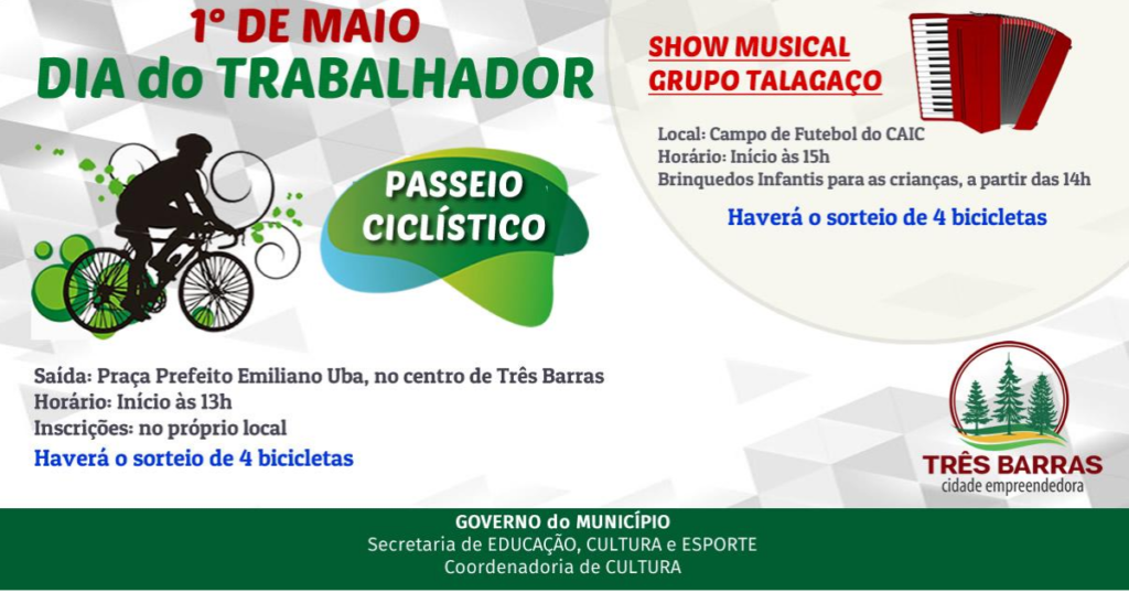 Dia do Trabalhador terá passeio ciclístico no centro e show musical no distrito de São Cristóvão