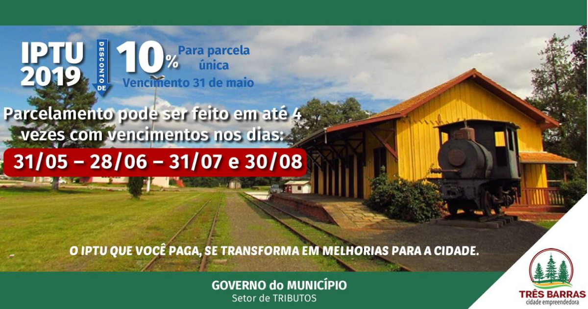 IPTU de 2019 vence nesta sexta-feira em Três Barras