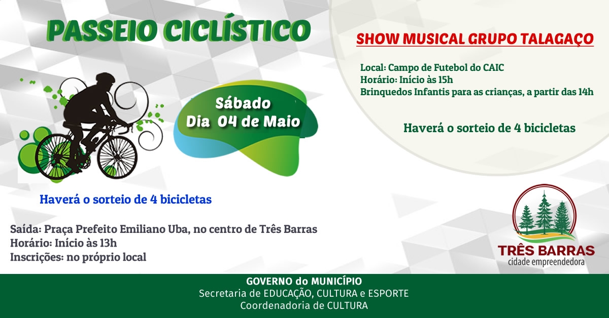 Passeio ciclístico e show do Talagaço estão confirmados para a tarde deste sábado