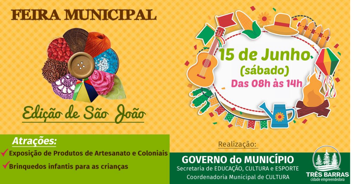 Sábado é dia de Feira Municipal de Produtos de Artesanato e Coloniais em Três Barras
