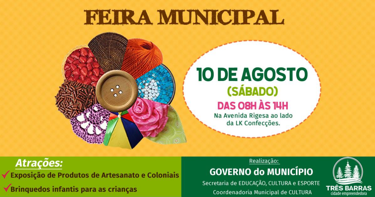 Feira Municipal de Artesanato e Produtos Coloniais acontece neste sábado em Três Barras