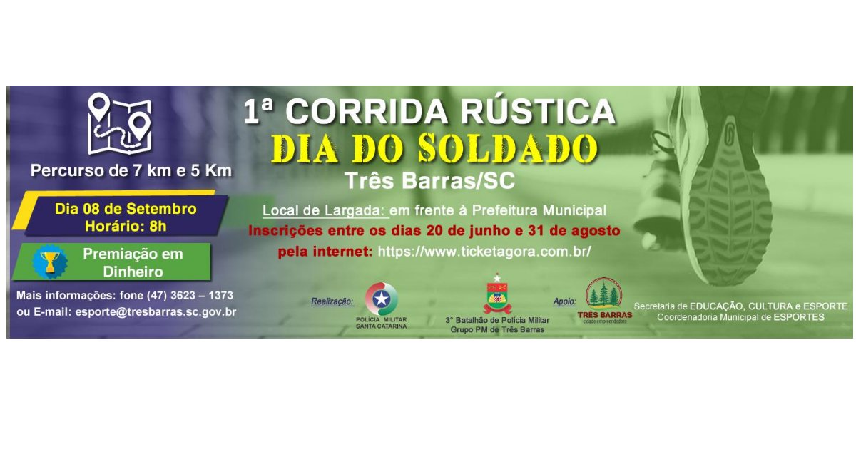 Últimos dias de inscrições para a 1ª Corrida Rústica Dia do Soldado em Três Barras