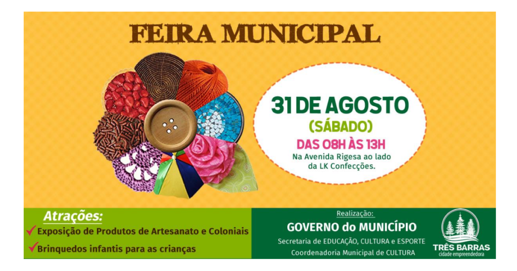 Neste sábado tem mais uma edição da Feira Municipal de Artesanato e Produtos Coloniais