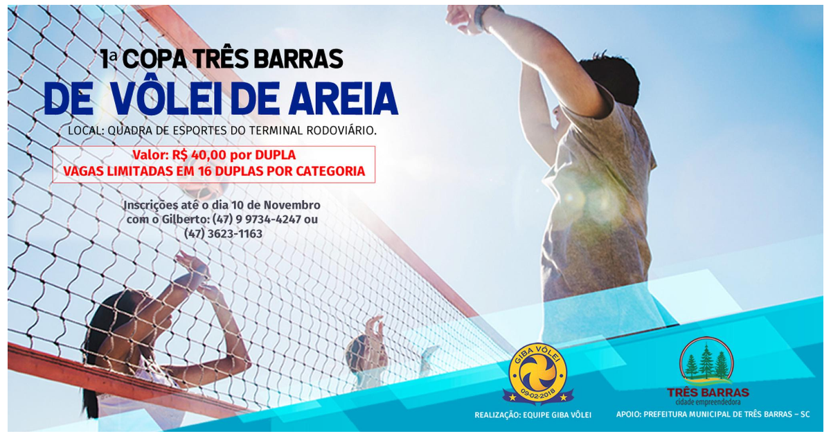 Inscrições abertas para a 1ª Copa Três Barras de Vôlei de Areia