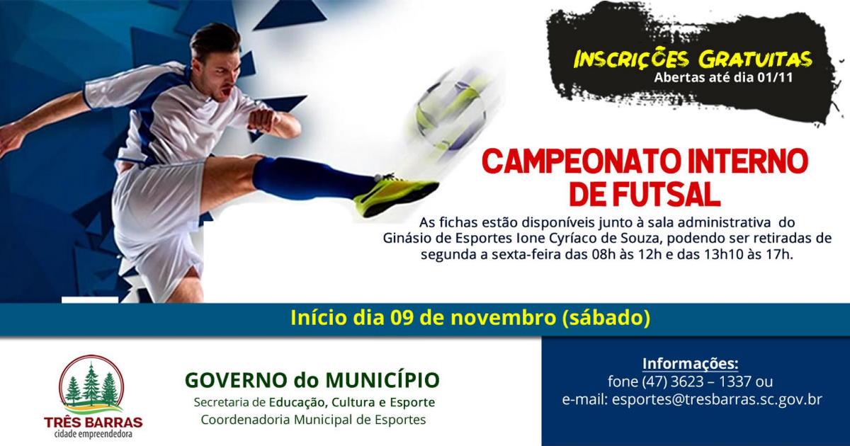 Inscrições abertas para o Campeonato Interno de Futsal da Prefeitura de Três Barras