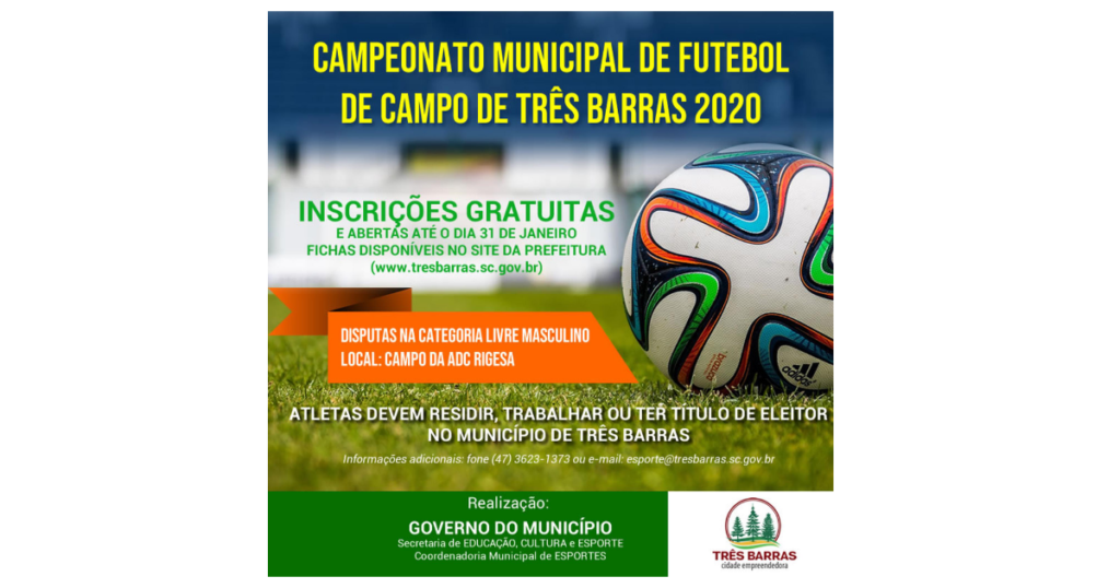 Prorrogadas até esta quinta-feira as inscrições para o Campeonato de Futebol de Campo de Três Barras