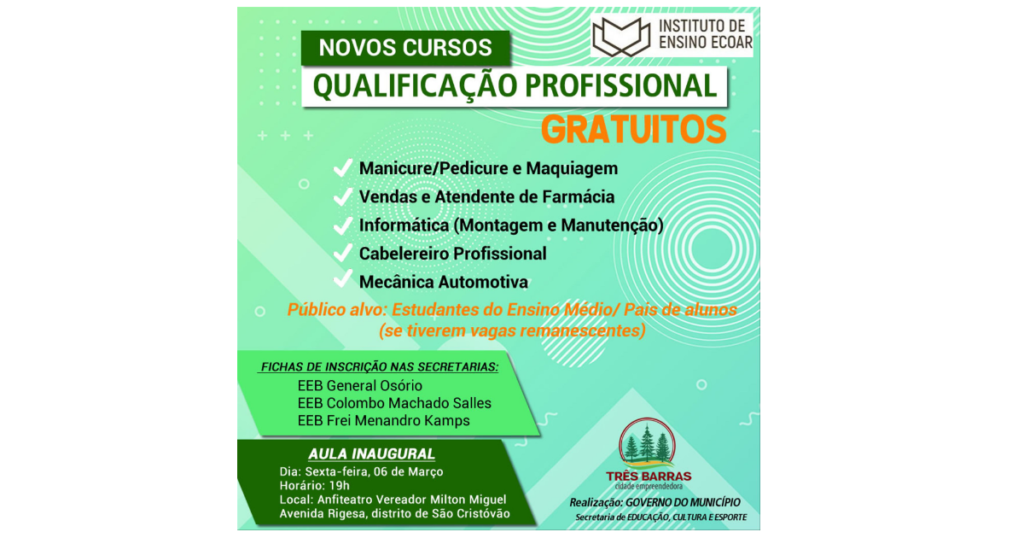 Pais de alunos e comunidade em geral também podem se inscrever nos cursos profissionalizantes gratuitos em Três Barras