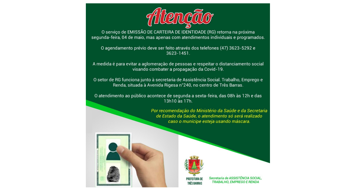 Setor de RG volta a atender no dia 04 de maio por agendamento prévio por telefone