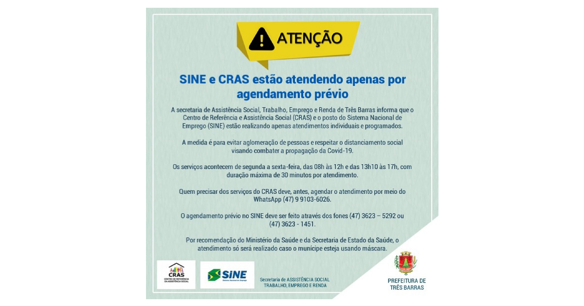 SINE e CRAS estão atendendo apenas por agendamento prévio