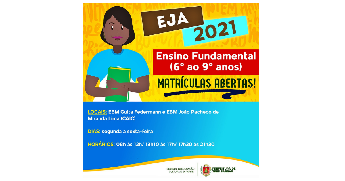 EJA abre inscrições para turmas do 6° ao 9° anos em Três Barras