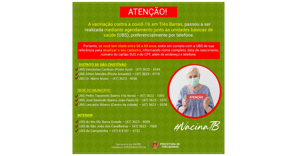 Vacina covid-19: idosos de 65 a 69 anos devem atualizar cadastro junto às UBS de referência