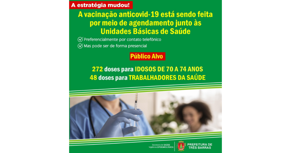 Vacinação anticovid-19 está sendo realizada por agendamento em Três Barras