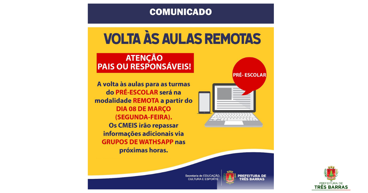 Voltas às aulas será remota para as turmas do pré-escolar em Três Barras