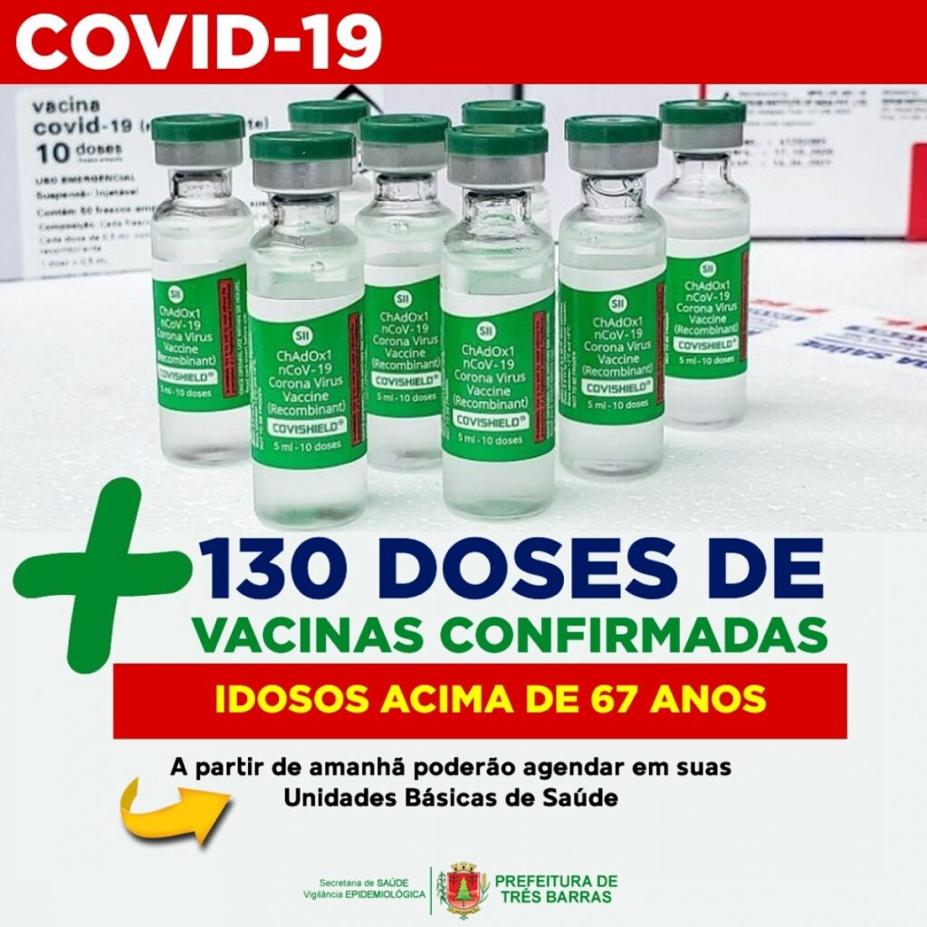 IDOSOS ACIMA DE 67 ANOS PODERÃO AGENDAR AS PRIMEIRAS DOSES DE VACINAS EM SUAS UNIDADES DE SAÚDE A PARTIR DESTA TERÇA-FEIRA