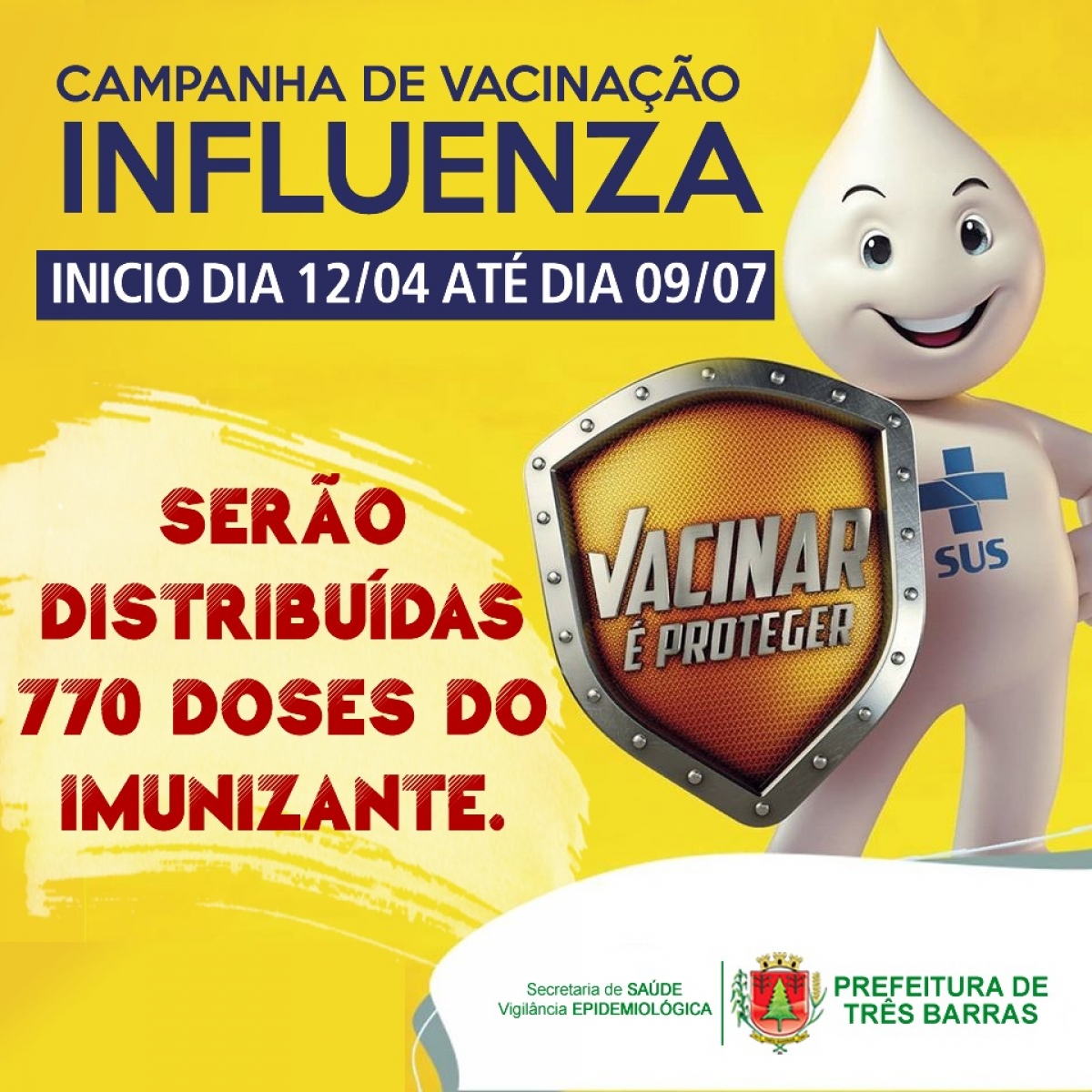 TRÊS BARRAS INICIA NESTA SEGUNDA-FEIRA A CAMPANHA DE VACINAÇÃO CONTRA GRIPE