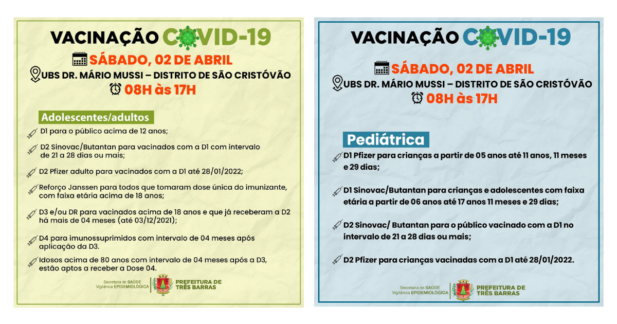 Neste sábado tem vacinação contra a covid-19 na UBS Dr. Mário Mussi