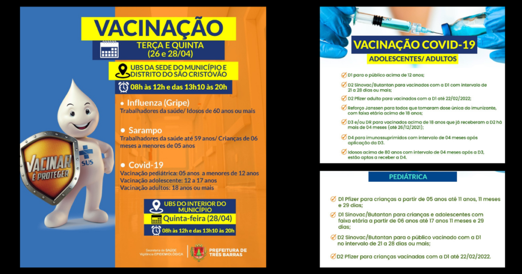 Vacinação: unidades de saúde de Três Barras ficarão abertas até às 20h nesta terça e quinta-feira