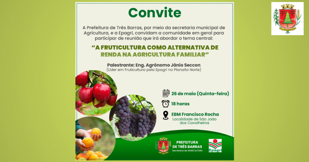 Fruticultura como alternativa de renda será tema de palestra em Três Barras