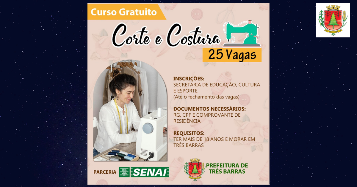 Inscrições abertas para curso de corte e costura gratuito em Três Barras