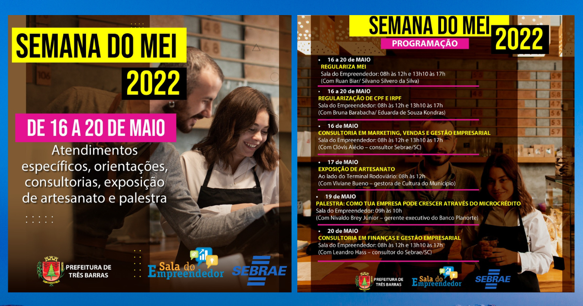 Microempreendedores individuais terão programação especial durante a Semana do MEI em Três Barras