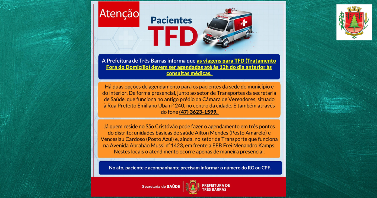 Viagens para TFD devem ser agendadas até às 12h do dia anterior às consultas médicas