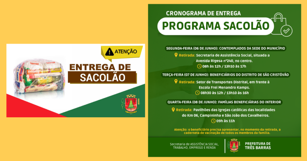 Beneficiários receberão os sacolões na próxima semana, em Três Barras