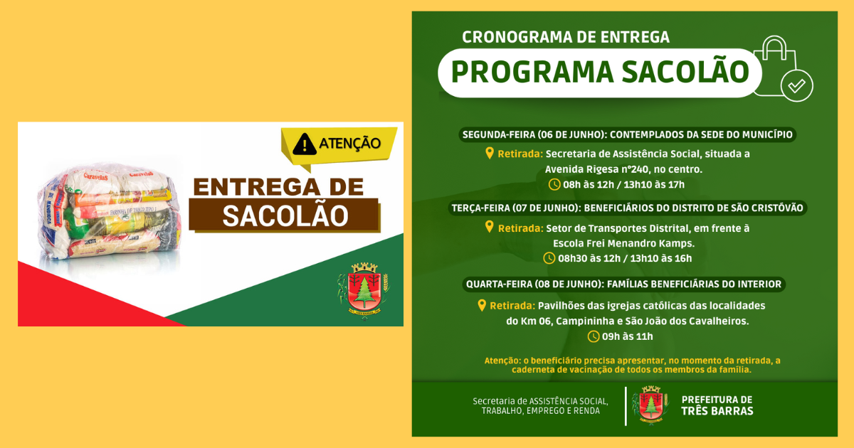 Beneficiários receberão os sacolões na próxima semana, em Três Barras