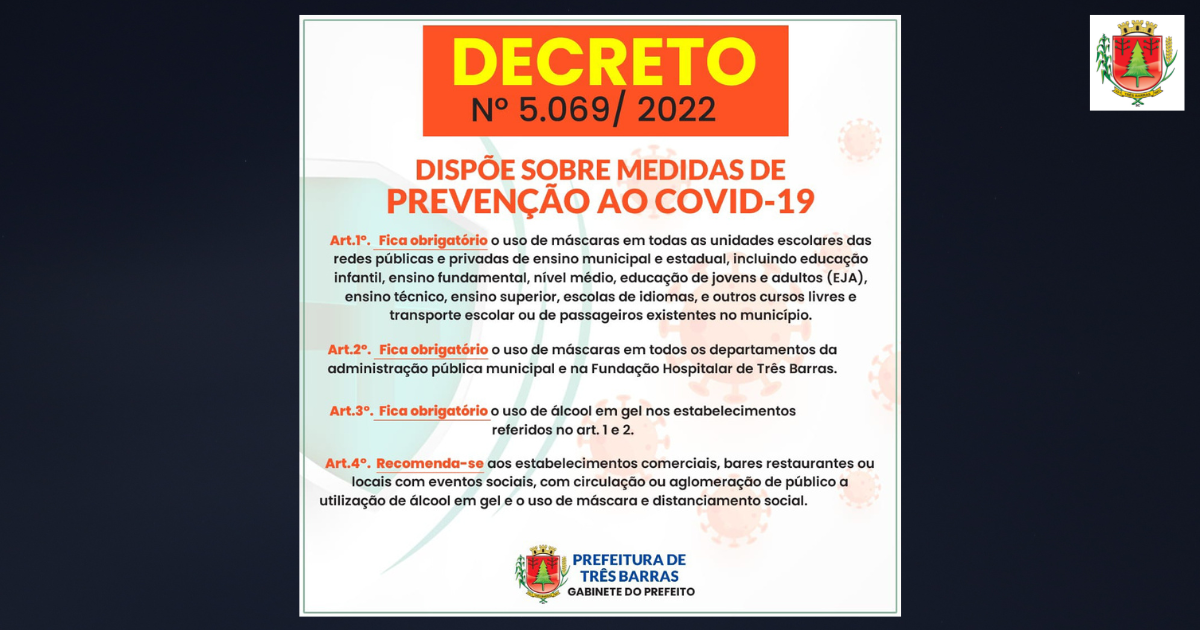 Novo decreto obriga o uso de máscara em unidades de ensino e em todos os departamentos municipais