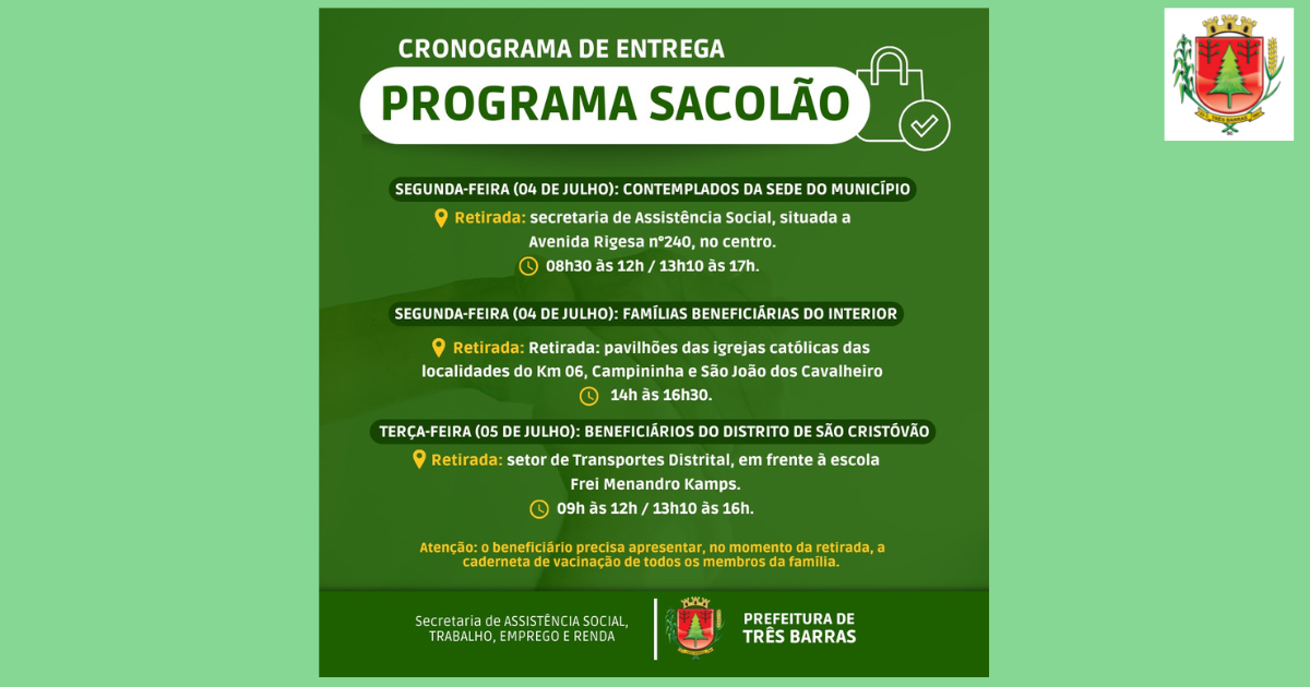 Sacolões serão entregues na próxima semana, em Três Barras