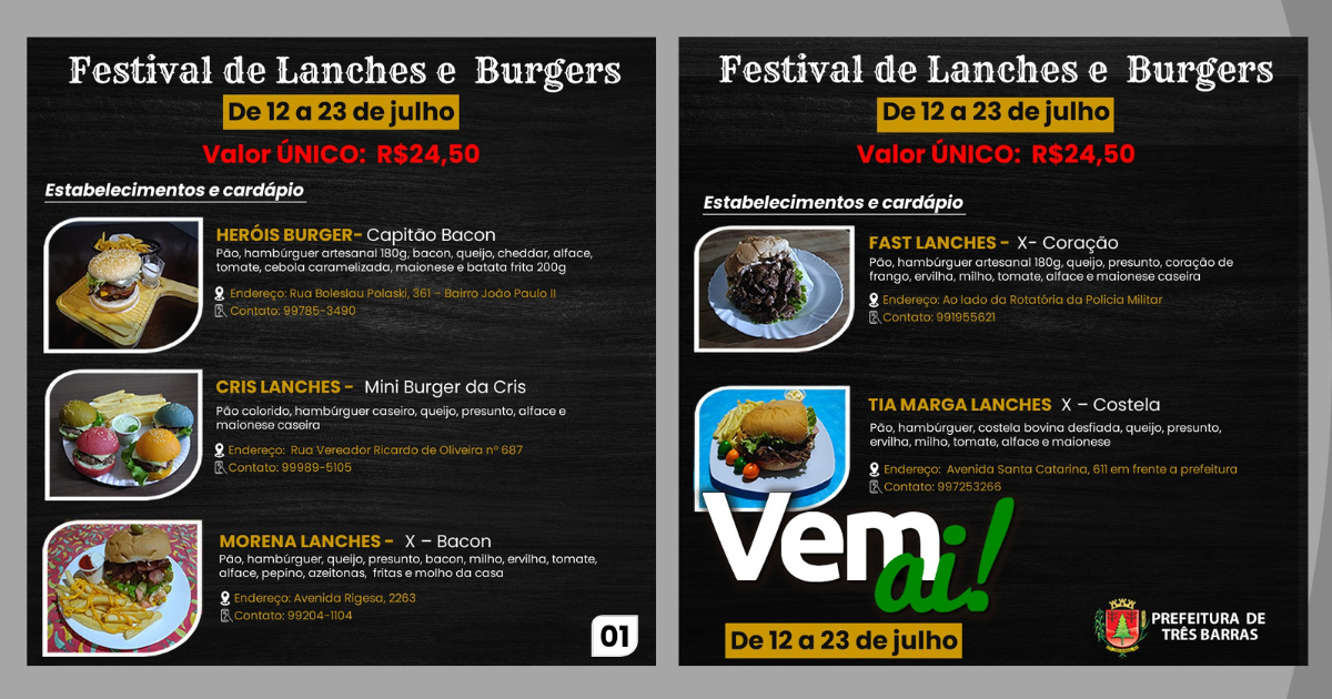 Inicia nesta terça-feira, 12, o Festival de Lanches e Burgers de Três Barras