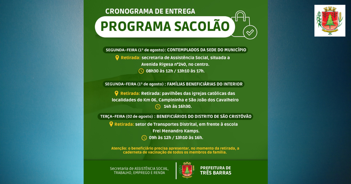 Sacolões serão entregues na próxima segunda e terça-feira, em Três Barras