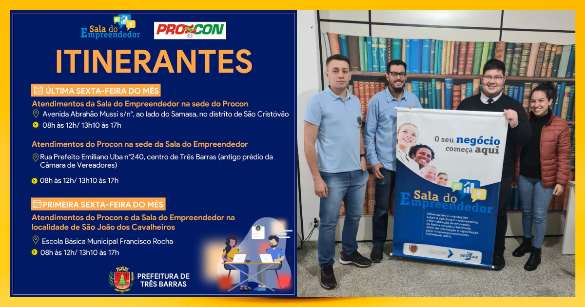 Sala do Empreendedor e Procon terão atendimentos itinerantes na primeira e última sexta-feira do mês