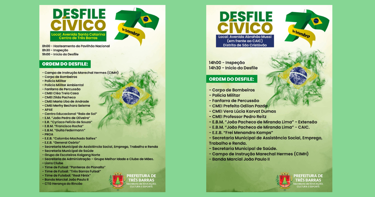 Definida a programação dos dois desfiles cívicos de 7 de setembro, em Três Barras