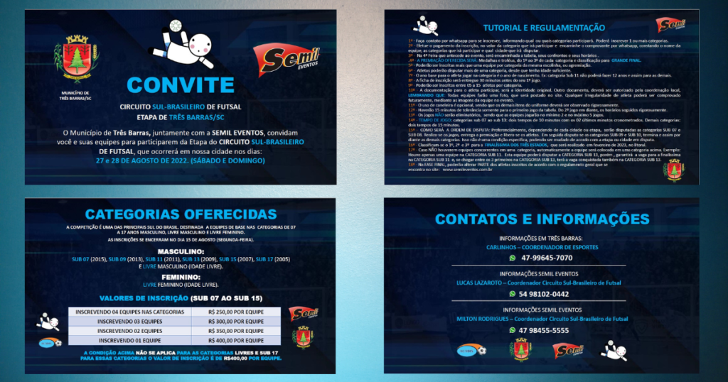 Inscrições abertas para a etapa do Circuito Sul Brasileiro de Futsal, em Três Barras Inscrições abertas para a etapa do Circuito Sul Brasileiro de Futsal, em Três Barras
