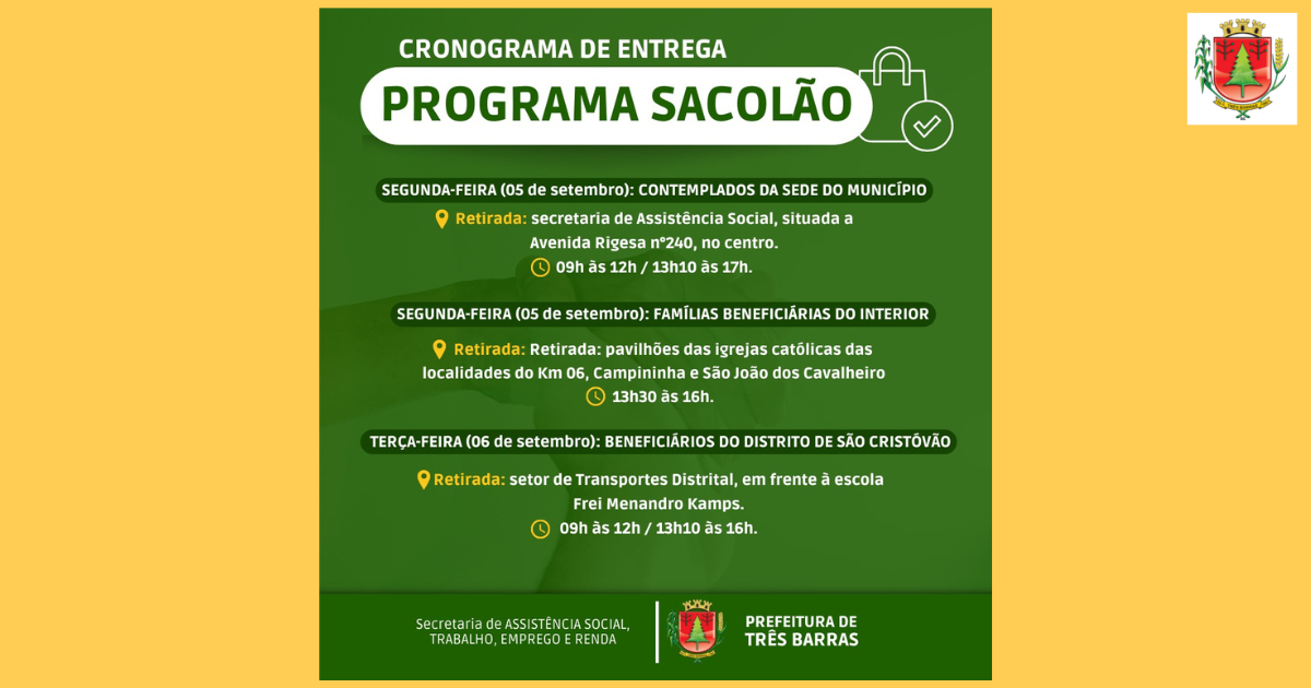 Sacolões serão entregues na próxima segunda e terça-feira, em Três Barras