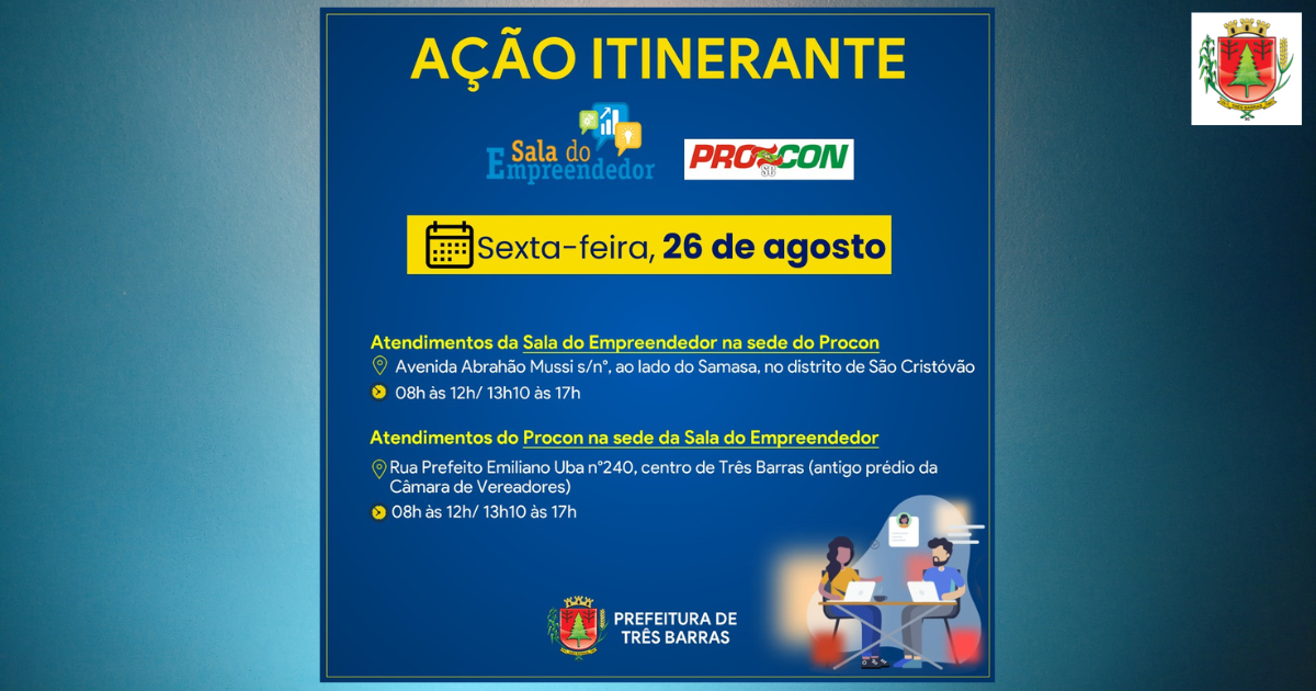 Sala do Empreendedor e Procon de Três Barras realizam atendimentos descentralizados nesta sexta-feira