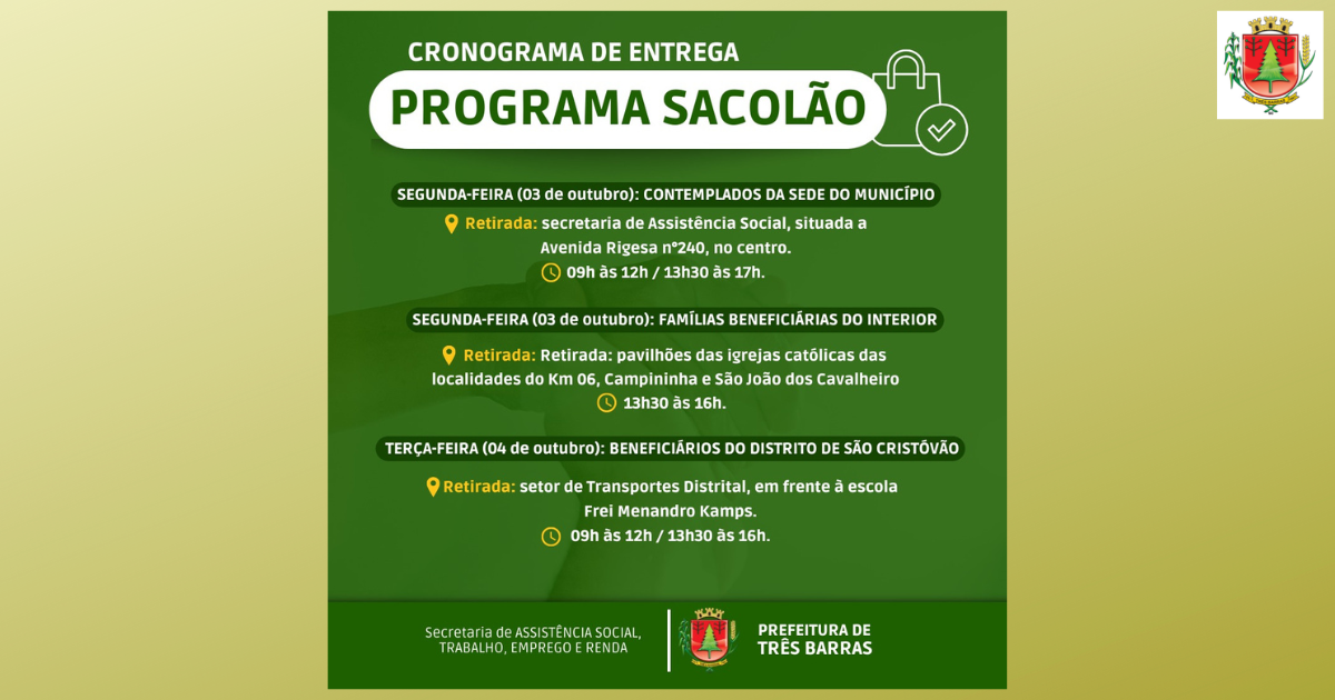 Três Barras: entrega dos sacolões será na próxima segunda e terça-feira