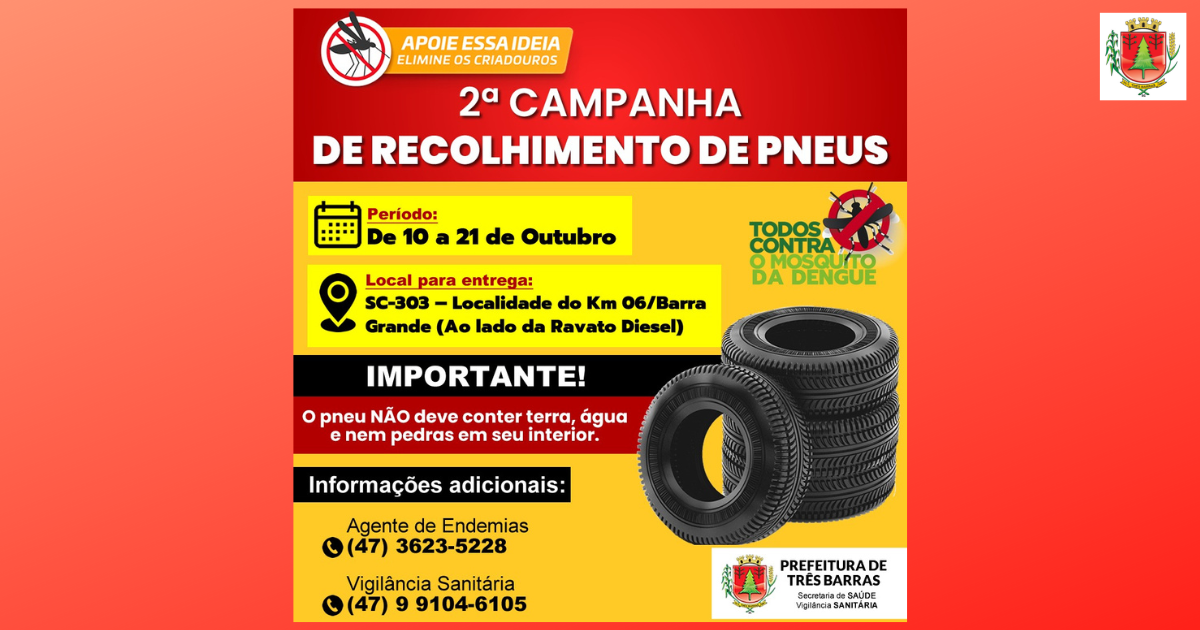 Três Barras terá campanha de recolhimento de pneus em desuso a partir de segunda-feira, 10
