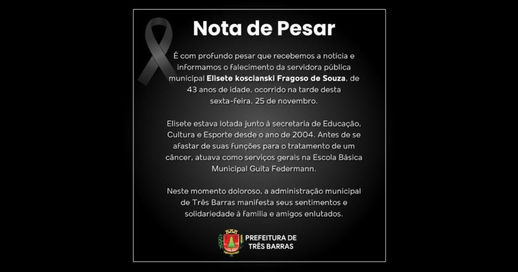 Nota de pesar pelo falecimento da servidora pública municipal Elisete koscianski Fragoso de Souza Nota de pesar pelo falecimento da servidora pública municipal Elisete koscianski Fragoso de Souza
