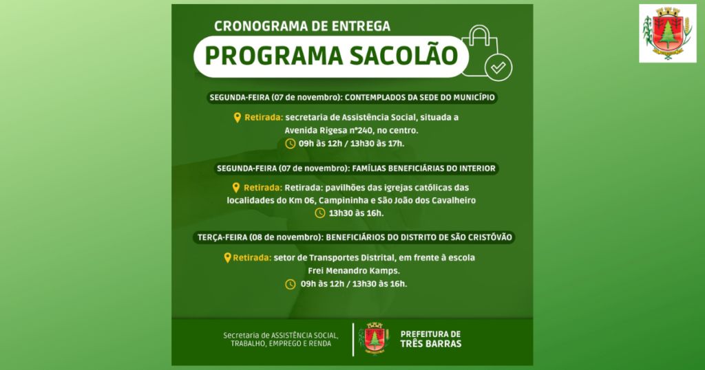 Sacolões serão entregues na próxima segunda e terça-feira em Três Barras