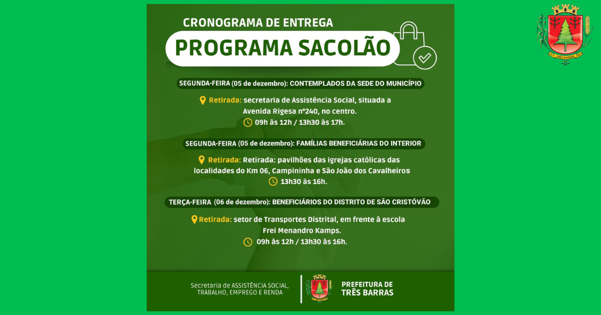 Segunda e terça-feira tem a entrega de sacolões em Três Barras