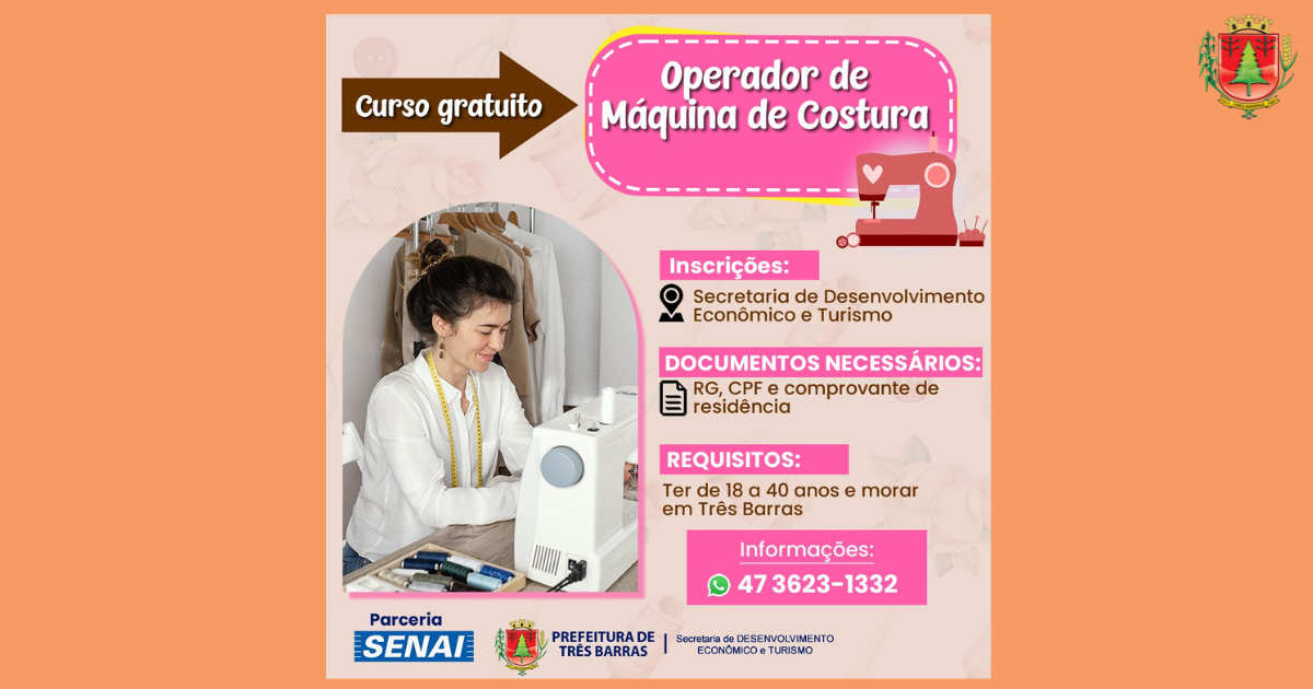 Atenção: inscrições abertas para curso gratuito de Operador de Máquina de Costura
