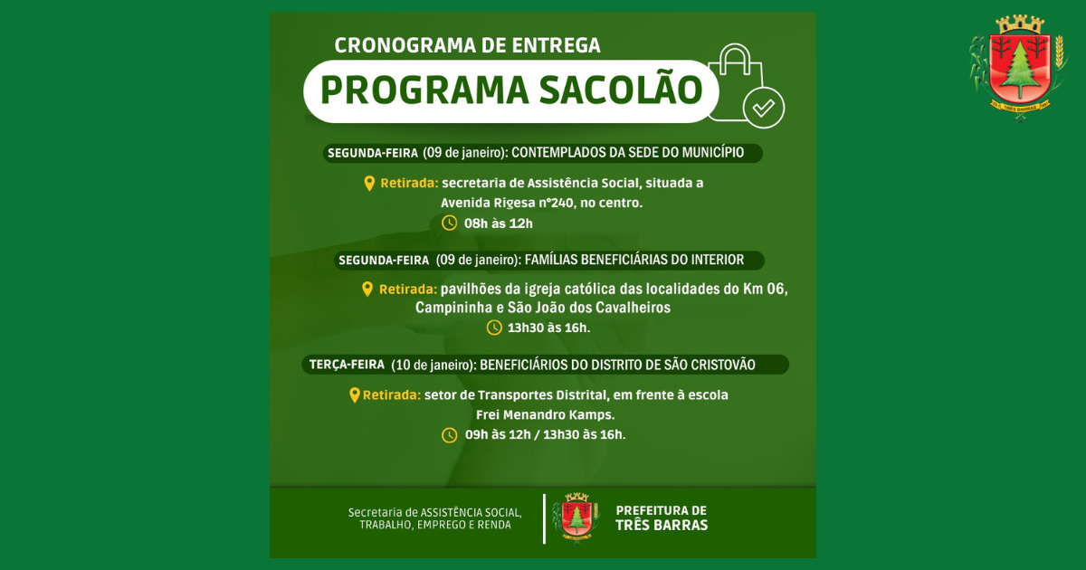 Beneficiários receberão sacolões na próxima segunda e terça-feira em Três Barras