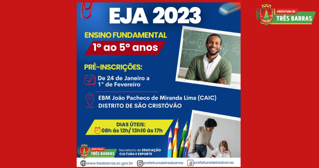 EJA abrirá, dia 24 de janeiro, pré-inscrições para alunos do 1° ao 5° anos
