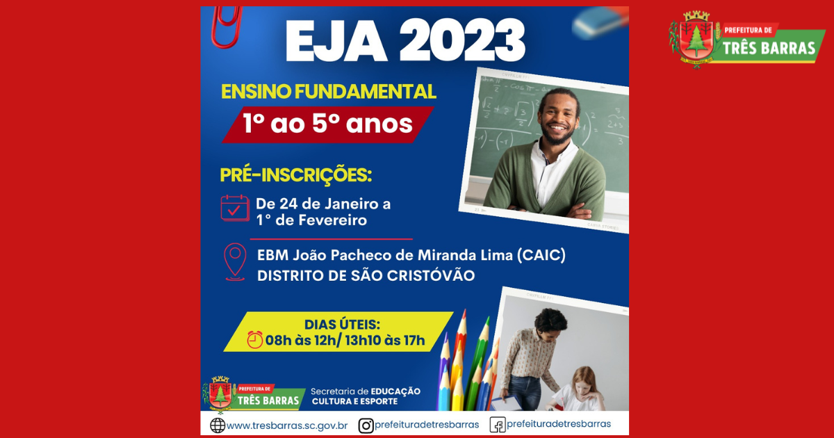 EJA abrirá, dia 24 de janeiro, pré-inscrições para alunos do 1° ao 5° anos
