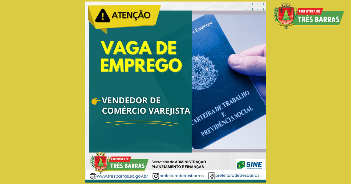 Há vaga de Vendedor de Comércio Varejista disponível no SINE de Três Barras